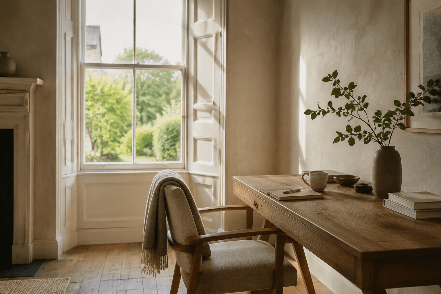 A quiet, sunlit workspace with a wooden desk beside a sash window.